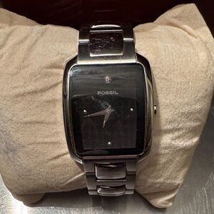 Fossil Black Dial Silver Band Watch